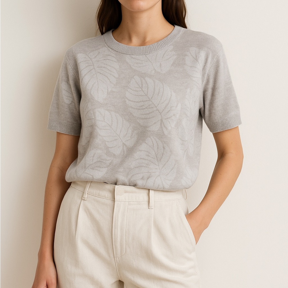 White + Warren Linen Blend Leaf Print Short Sleeve Sweater